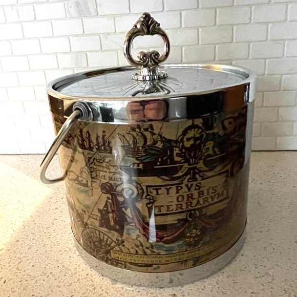 Vintage 1970s World Map/Atlas Ice Bucket w/ Ortelius Map from 1570 - Picture 10 of 11